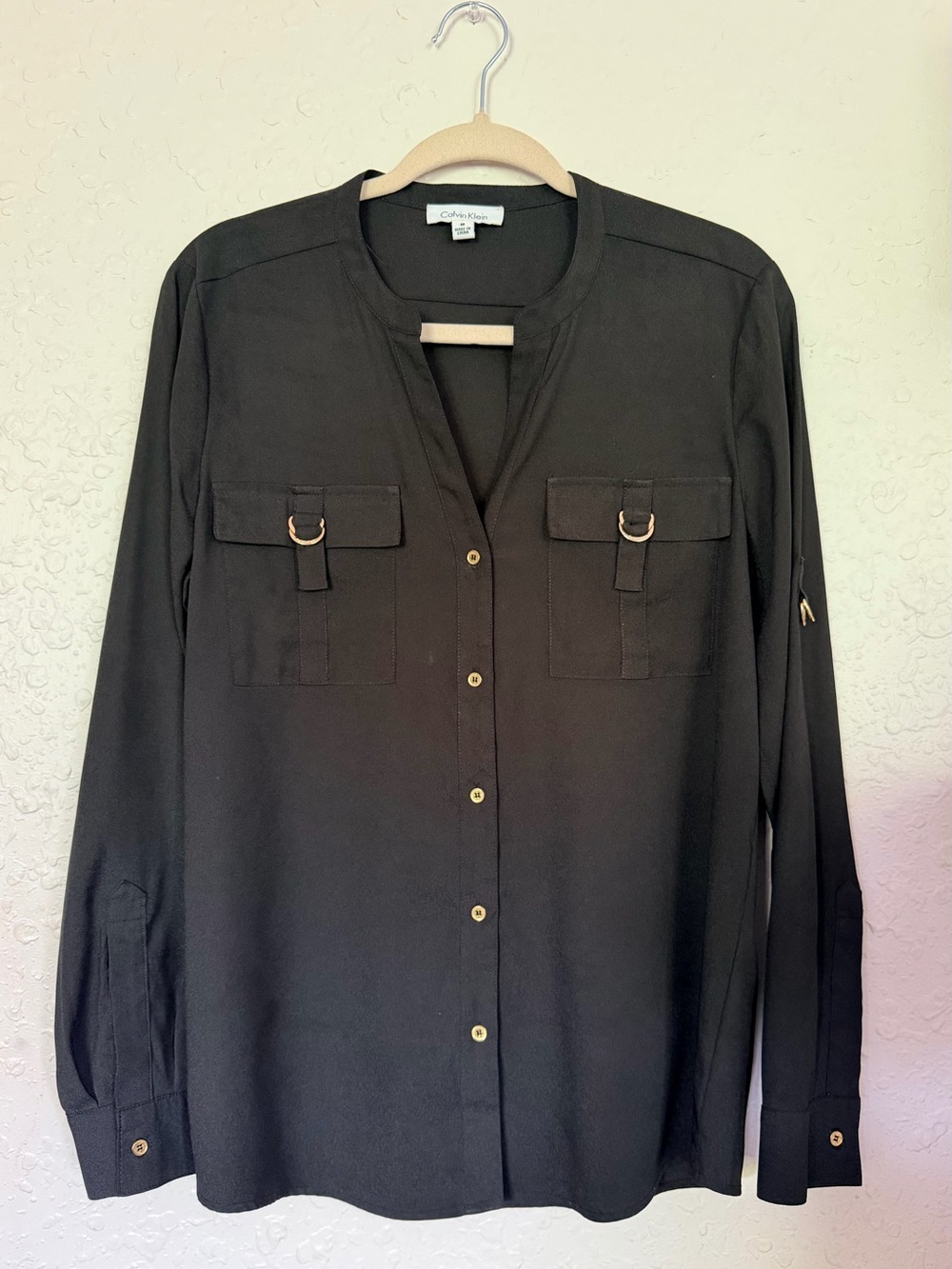 Calvin Klein Black Long-Sleeve Button-Front Shirt, Chest Flap Pockets. Size M
